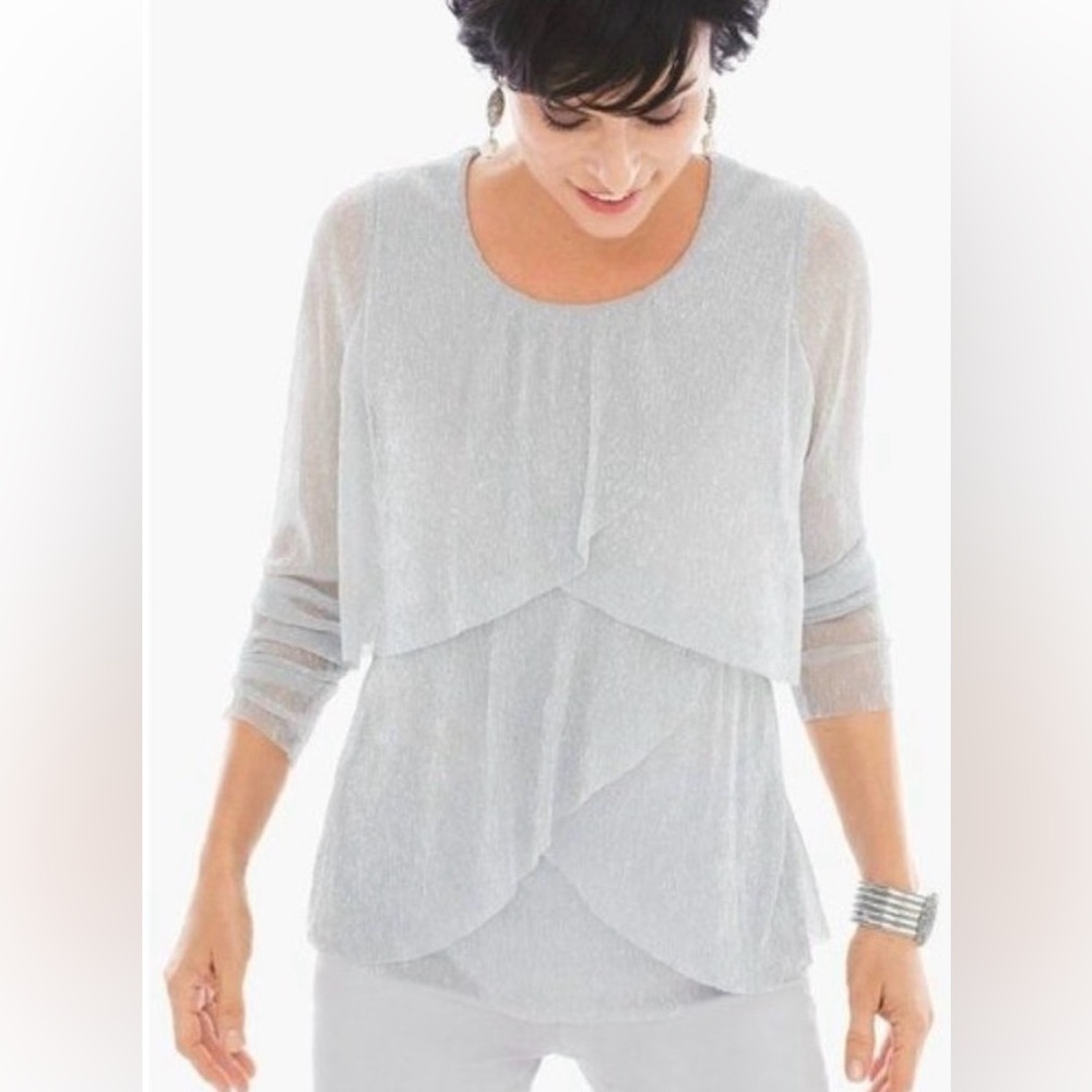 Chico’s Lightweight Silver Tiered Metallic Top - Size 3 (XL)